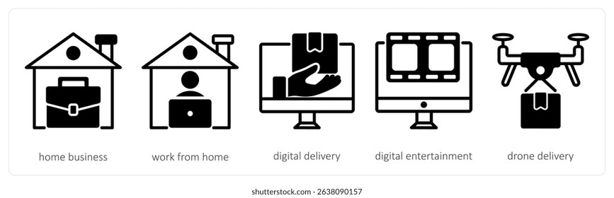 A set of 5 untact era icons as home business, work from home, digital delivery