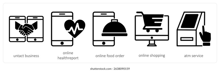 A set of 5 untact era icons as untact business, online health care, online fodd order