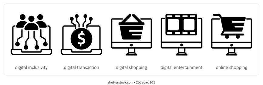 A set of 5 untact era icons as digital inclusivity, digital transaction, digital shopping