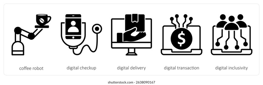 A set of 5 untact era icons as coffee robot, digital checkup, digital delivery