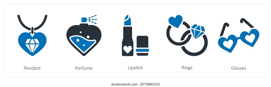 A set of 5 valentine's day icons as pendant, perfume, lipstick