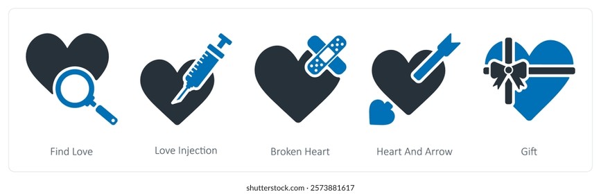 A set of 5 valentine's day icons as find love, love injection, broken heart