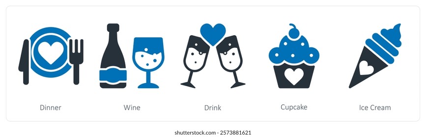 A set of 5 valentine's day icons as dinner, wine, drink