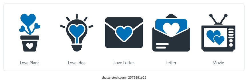 A set of 5 valentine's day icons as love plant, love idea, love letter