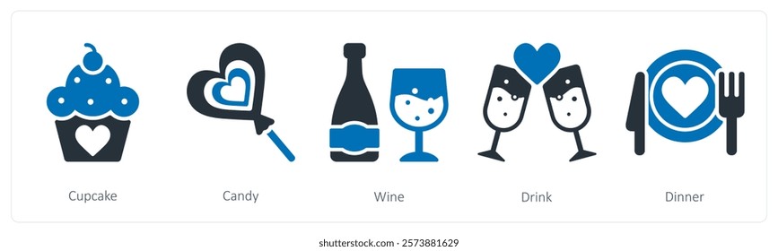 A set of 5 valentine's day icons as cupcake, candy, wine