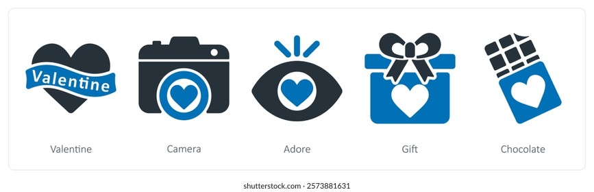 A set of 5 valentine's day icons as valentine, camera, adore