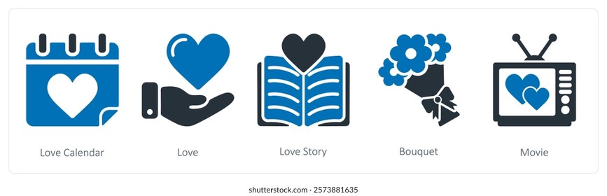 A set of 5 valentine's day icons as love calendar, love, love story