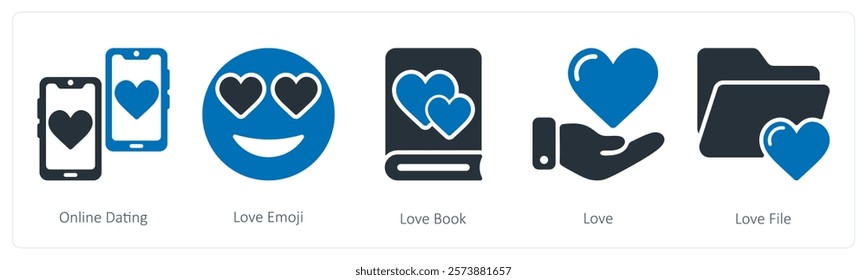 A set of 5 valentine's day icons as online dating, love emoji, love book