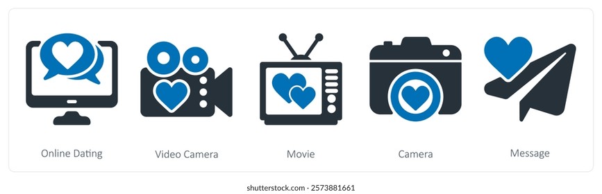 A set of 5 valentine's day icons as online dating, video camera, movie