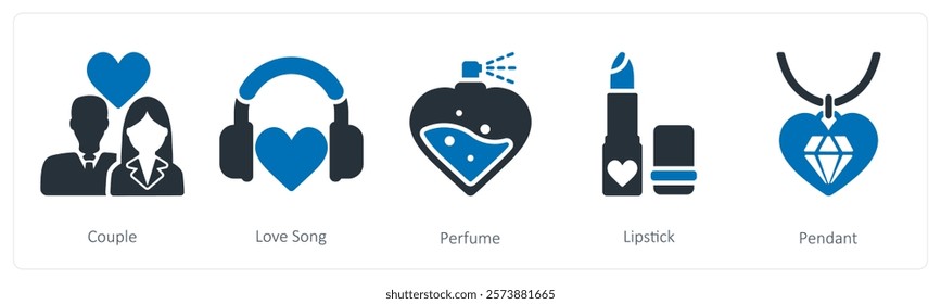 A set of 5 valentine's day icons as couple, love song, perfume