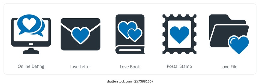 A set of 5 valentine's day icons as online dating, love letter, love book