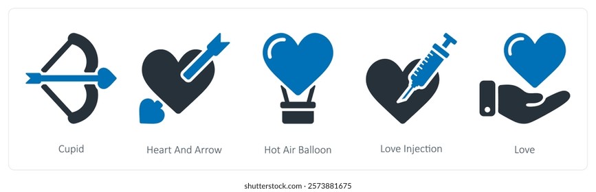 A set of 5 valentine's day icons as cupid, heart and arrow, hot air balloon