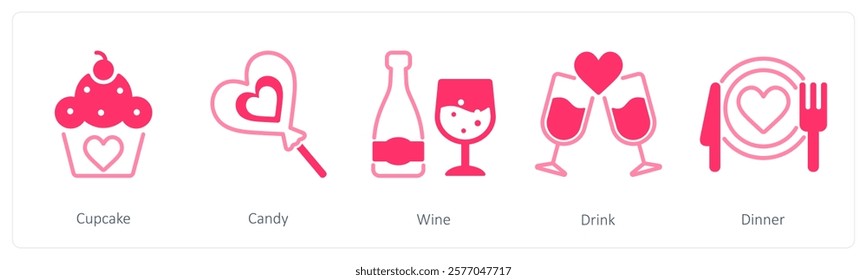 A set of 5 valentine's day icons as cupcake, candy, wine