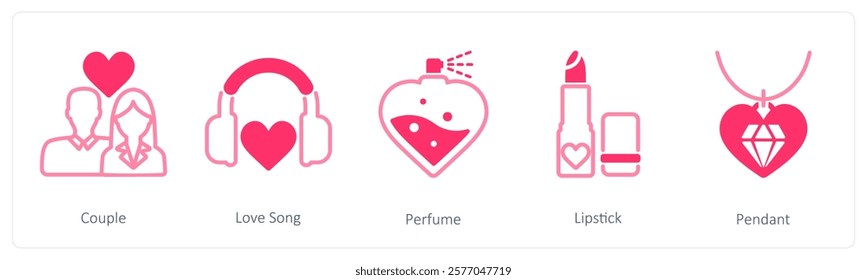 A set of 5 valentine's day icons as couple, love song, perfume