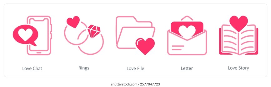 A set of 5 valentine's day icons as love chat, rings, love file