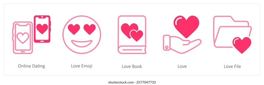 A set of 5 valentine's day icons as online dating, love emoji, love book