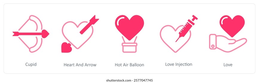 A set of 5 valentine's day icons as cupid, heart and arrow, hot air balloon