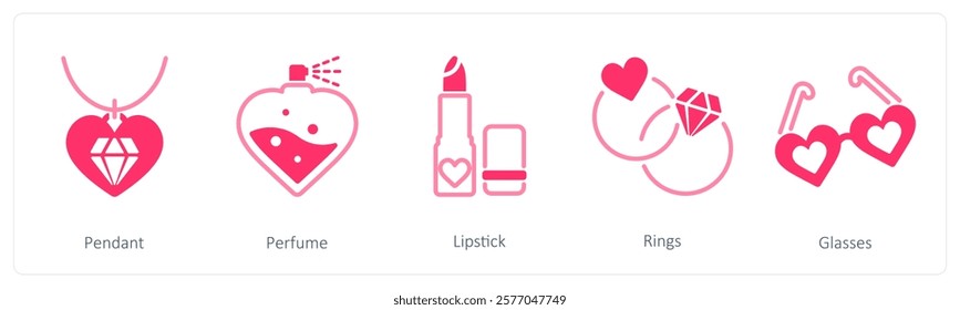 A set of 5 valentine's day icons as pendant, perfume, lipstick