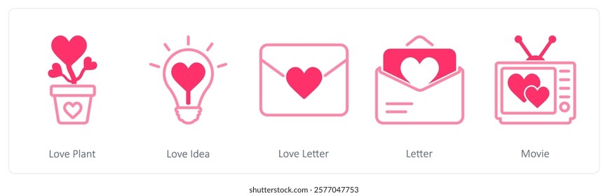 A set of 5 valentine's day icons as love plant, love idea, love letter