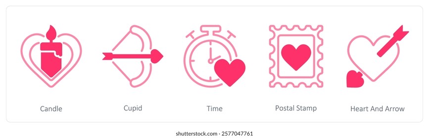 A set of 5 valentine's day icons as candle, cupid, time