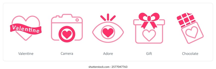 A set of 5 valentine's day icons as valentine, camera, adore