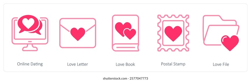 A set of 5 valentine's day icons as online dating, love letter, love book