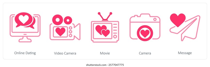 A set of 5 valentine's day icons as online dating, video camera, movie