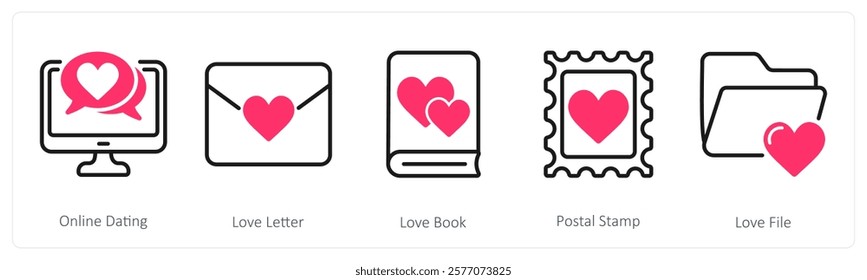 A set of 5 valentine's day icons as online dating, love letter, love book