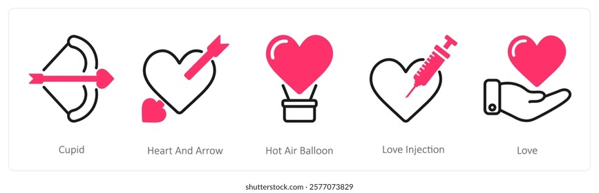 A set of 5 valentine's day icons as cupid, heart and arrow, hot air balloon