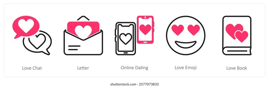 A set of 5 valentine's day icons as love chat, letter, online dating