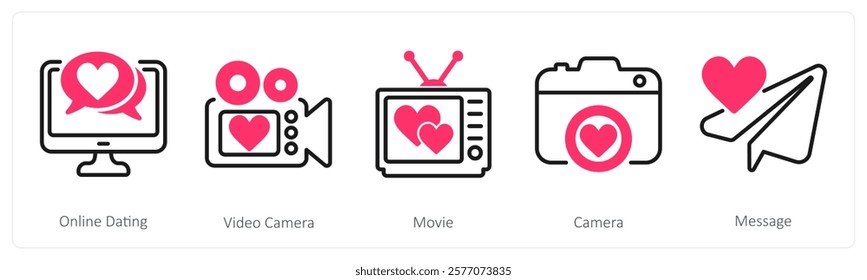 A set of 5 valentine's day icons as online dating, video camera, movie