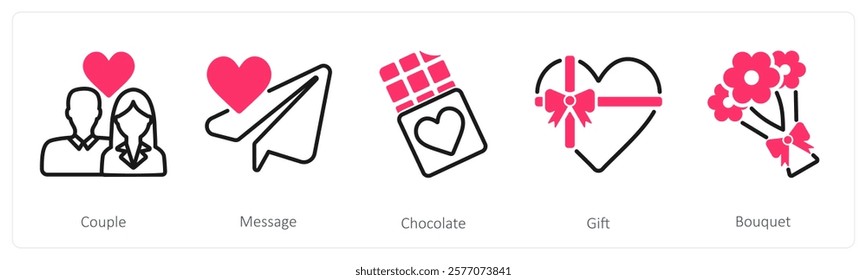 A set of 5 valentine's day icons as couple, message, chocolate