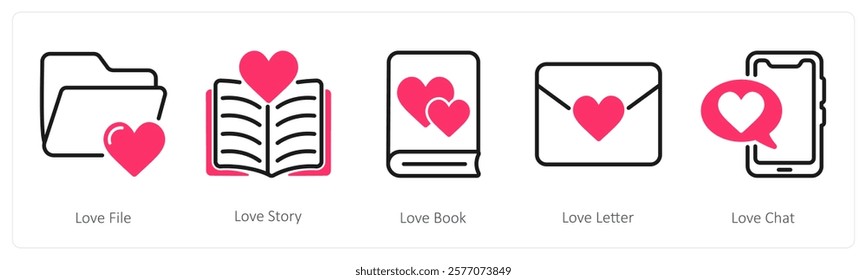 A set of 5 valentine's day icons as love file, love story, love book