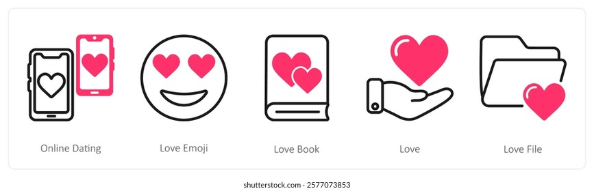 A set of 5 valentine's day icons as online dating, love emoji, love book