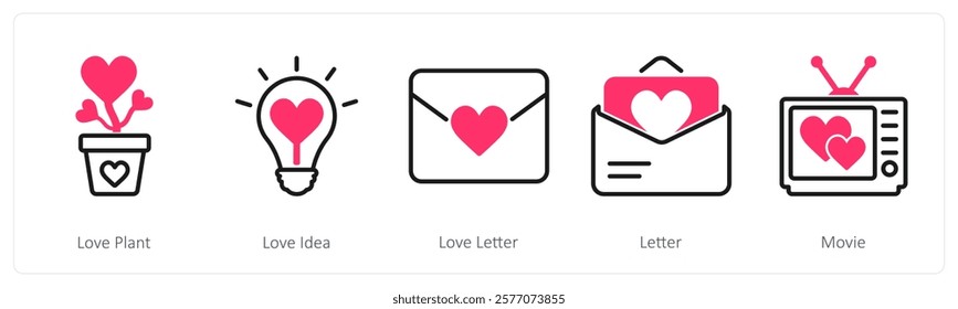 A set of 5 valentine's day icons as love plant, love idea, love letter