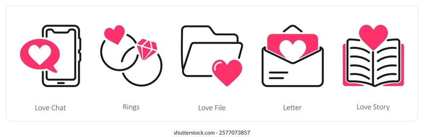 A set of 5 valentine's day icons as love chat, rings, love file