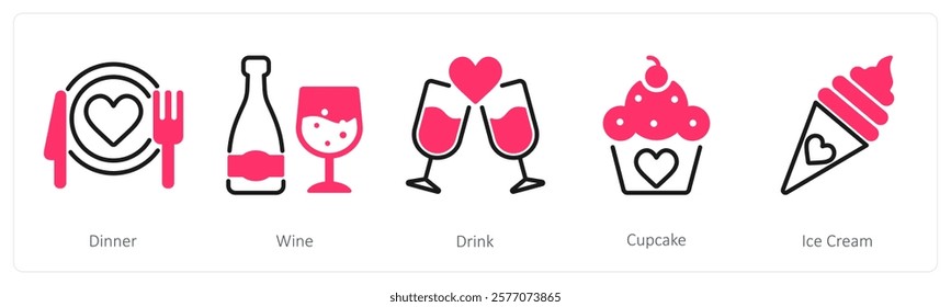 A set of 5 valentine's day icons as dinner, wine, drink