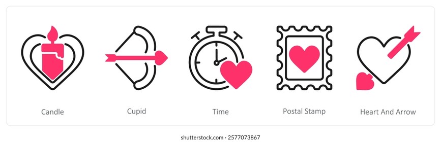 A set of 5 valentine's day icons as candle, cupid, time