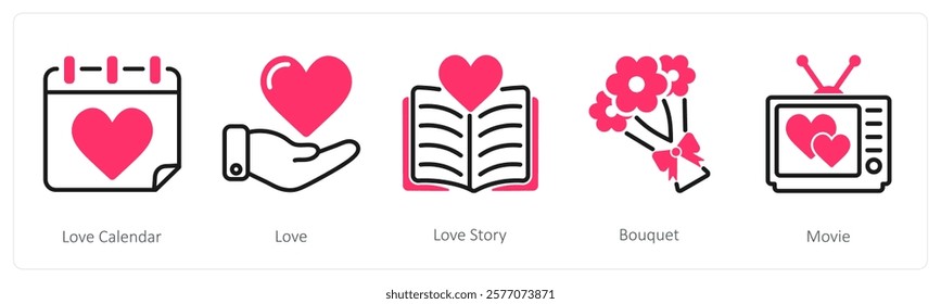 A set of 5 valentine's day icons as love calendar, love, love story