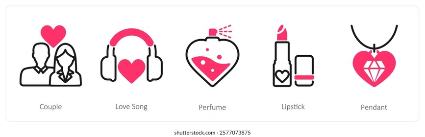 A set of 5 valentine's day icons as couple, love song, perfume