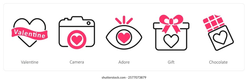 A set of 5 valentine's day icons as valentine, camera, adore