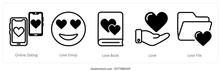 A set of 5 valentine's day icons as online dating, love emoji, love book