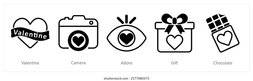 A set of 5 valentine's day icons as valentine, camera, adore