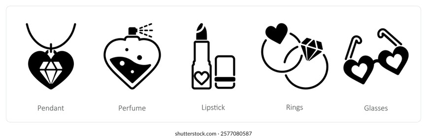 A set of 5 valentine's day icons as pendant, perfume, lipstick