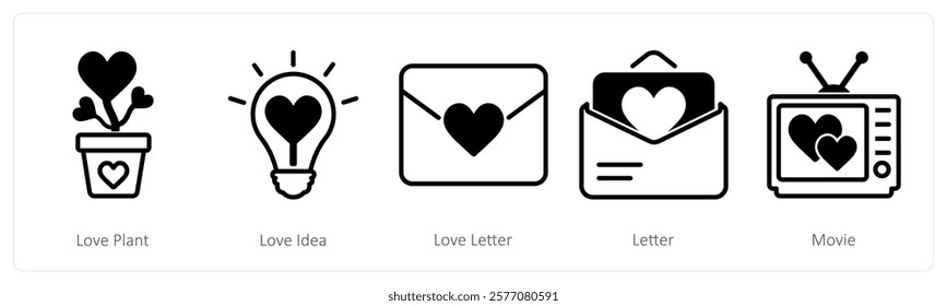 A set of 5 valentine's day icons as love plant, love idea, love letter