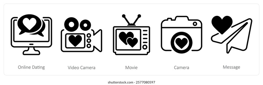 A set of 5 valentine's day icons as online dating, video camera, movie