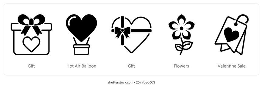 A set of 5 valentine's day icons as gift, hot air balloon, gift