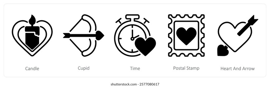 A set of 5 valentine's day icons as candle, cupid, time