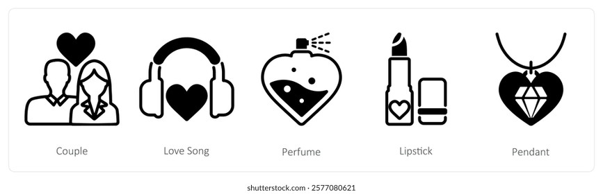 A set of 5 valentine's day icons as couple, love song, perfume