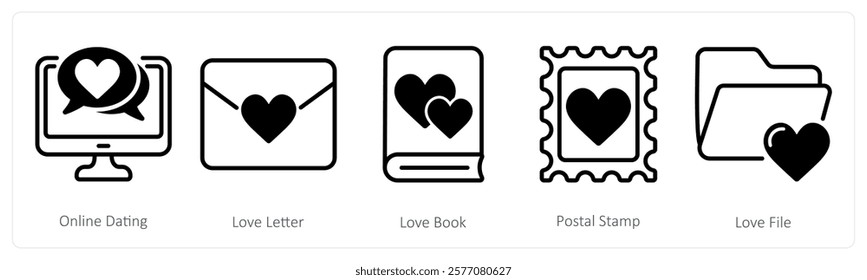 A set of 5 valentine's day icons as online dating, love letter, love book